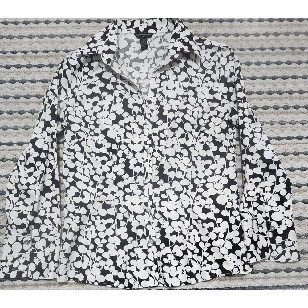Banana Republic Women Black White Floral Long Sleeve Stretch Blouse Top Size M